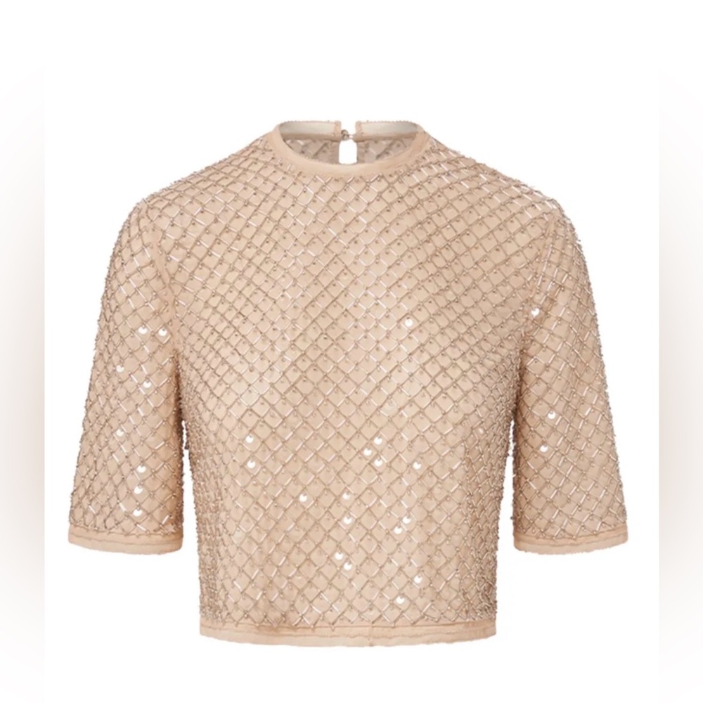 Veronica Beard Novalie Beaded Top in the color Stone Khaki